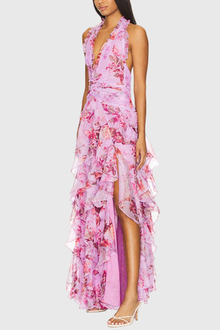 Floral Halter Ruched Ruffle Maxi Dress