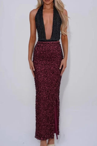 Sequin High-Waist Slit Midi Skirt