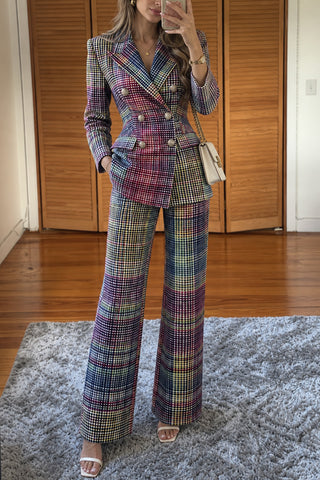 Plaid Double-Breasted Blazer Pants Set