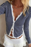 Striped Lace Trim V-Neck Blouse
