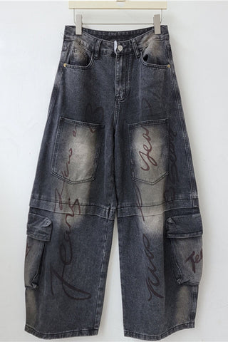Script Print Cargo Pocket Baggy Jeans
