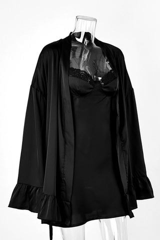 Lace Trim Satin Slip and Robe Loungewear Set