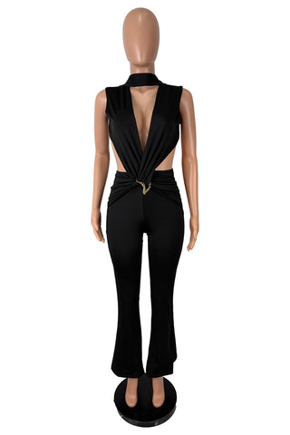 Deep V-Neck Cutout Ruched Jumpsuit