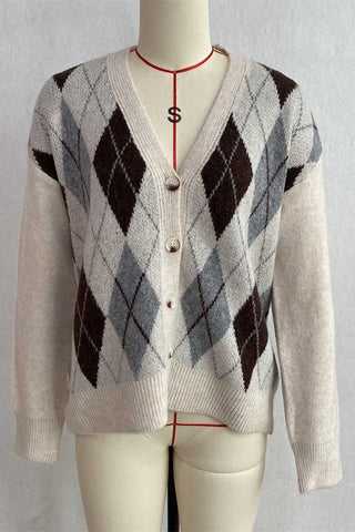 Argyle Knit V-Neck Button-Front Cardigan