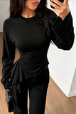 Ruched Side Ruffle Long Sleeve Top