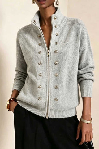 Mock Neck Zip Front Military Cardigan