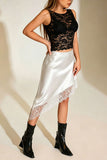 Satin Asymmetrical Lace Trim Midi Skirt