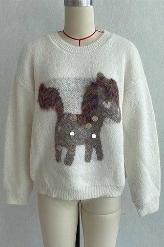 Sequin Animal Motif Crew Neck Sweater