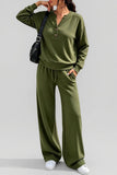 Button Placket Long Sleeve Wide-Leg Pants Set