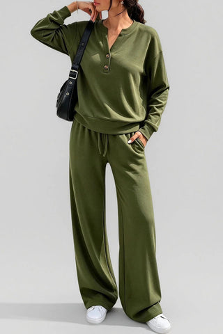 Button Placket Long Sleeve Wide-Leg Pants Set