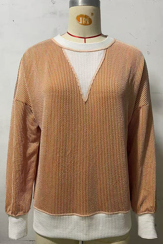 Textured V-Neck Color Block Sweatshirt