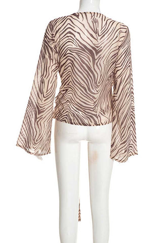 Zebra Print Wrap V-Neck Bell Sleeve Blouse