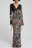 Zebra-Print V-Neck Long Sleeve Dress