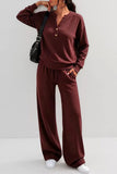 Button Placket Long Sleeve Wide-Leg Pants Set