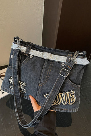Rhinestone Belted Denim Tote Bag