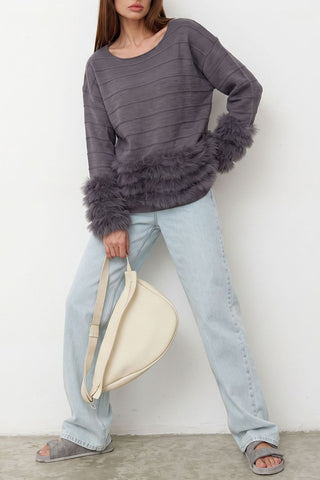 Fuzzy Cuff Boat Neck Stripe Knit Sweater
