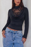 Lace Mock Neck Ruched Long Sleeve Blouse