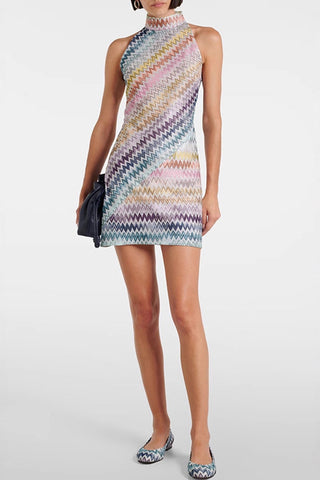 High-Neck Zigzag Casual Dress