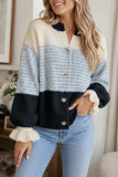 Striped Button-Front Ruffle Cuff Cardigan