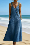 Button-Detail Denim Strap Maxi Dress