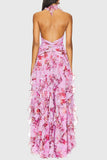 Floral Halter Ruched Ruffle Maxi Dress
