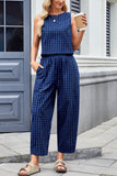 Sleeveless Plaid High-Waist Pants Set