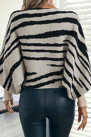 Zebra Print Puff Sleeve Crew Neck Sweater