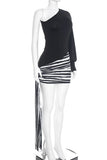 One-Shoulder Long Sleeve Striped Mini Dress