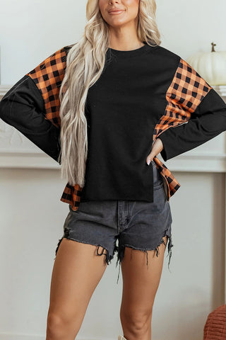 Plaid Sleeve Pumpkin Face Top