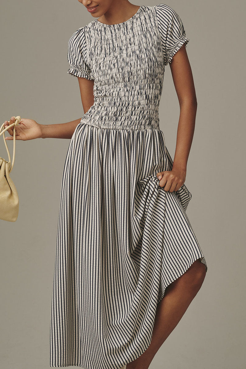 Smocked Puff Sleeve Striped Midi Dress