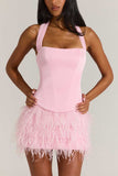 Halter Square Neck Feather Mini Dress