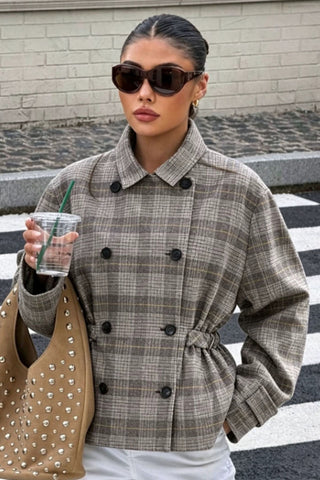 Plaid Double-Breasted Belted Jacket