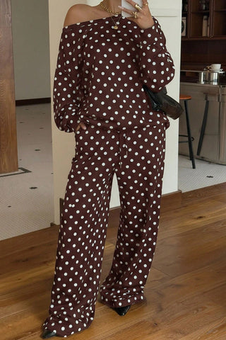 Polka Dot Off-Shoulder Long Sleeve Pants Set