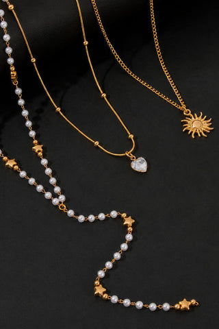 Layered Pearl Star Sun Pendant Necklace Set