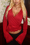 Lace Trim Wrap V-Neck Bell Sleeve Blouse