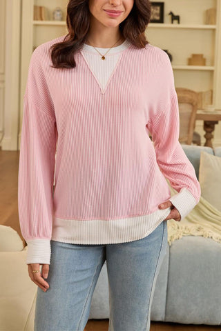Textured V-Neck Color Block Sweatshirt