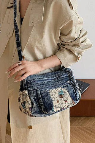 Floral Patch Zipper Drawstring Bag