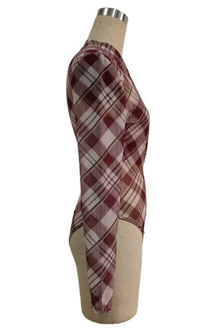 Sheer Plaid Mock Neck Long Sleeve Bodysuit