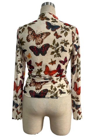 Butterfly Print Mock Neck Mesh Top