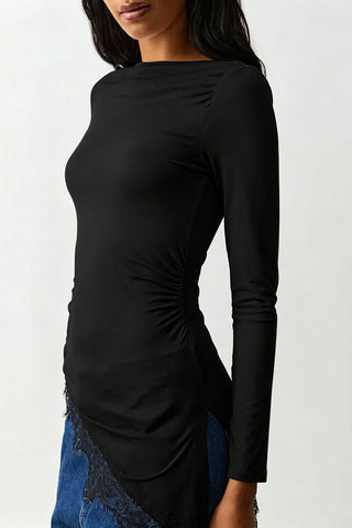 Ruched Long Sleeve Lace Trim Top