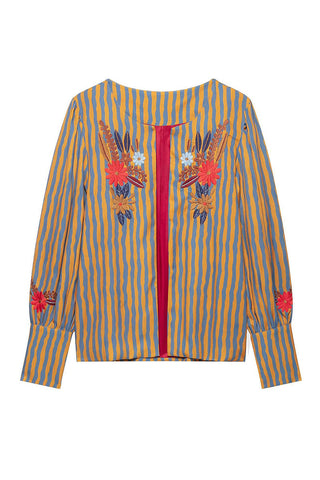 Striped Floral Puff Sleeve Jacket