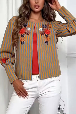 Striped Floral Puff Sleeve Jacket