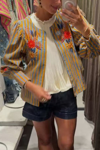 Striped Floral Puff Sleeve Jacket