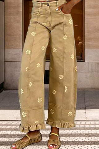 Daisy Print Ruffle Hem Wide Leg Pants
