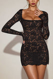 Floral Lace Square Neck Long Sleeve Mini Dress