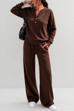 Button Placket Long Sleeve Wide-Leg Pants Set