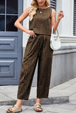 Sleeveless Plaid High-Waist Pants Set