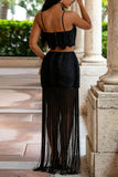Ruched Scallop Crop Top and Fringe Maxi Skirt Set
