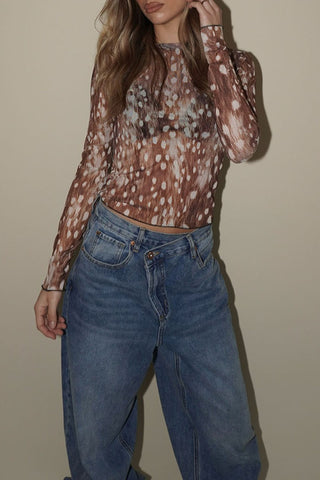 Sheer Polka Dot Ruched Long Sleeve Top