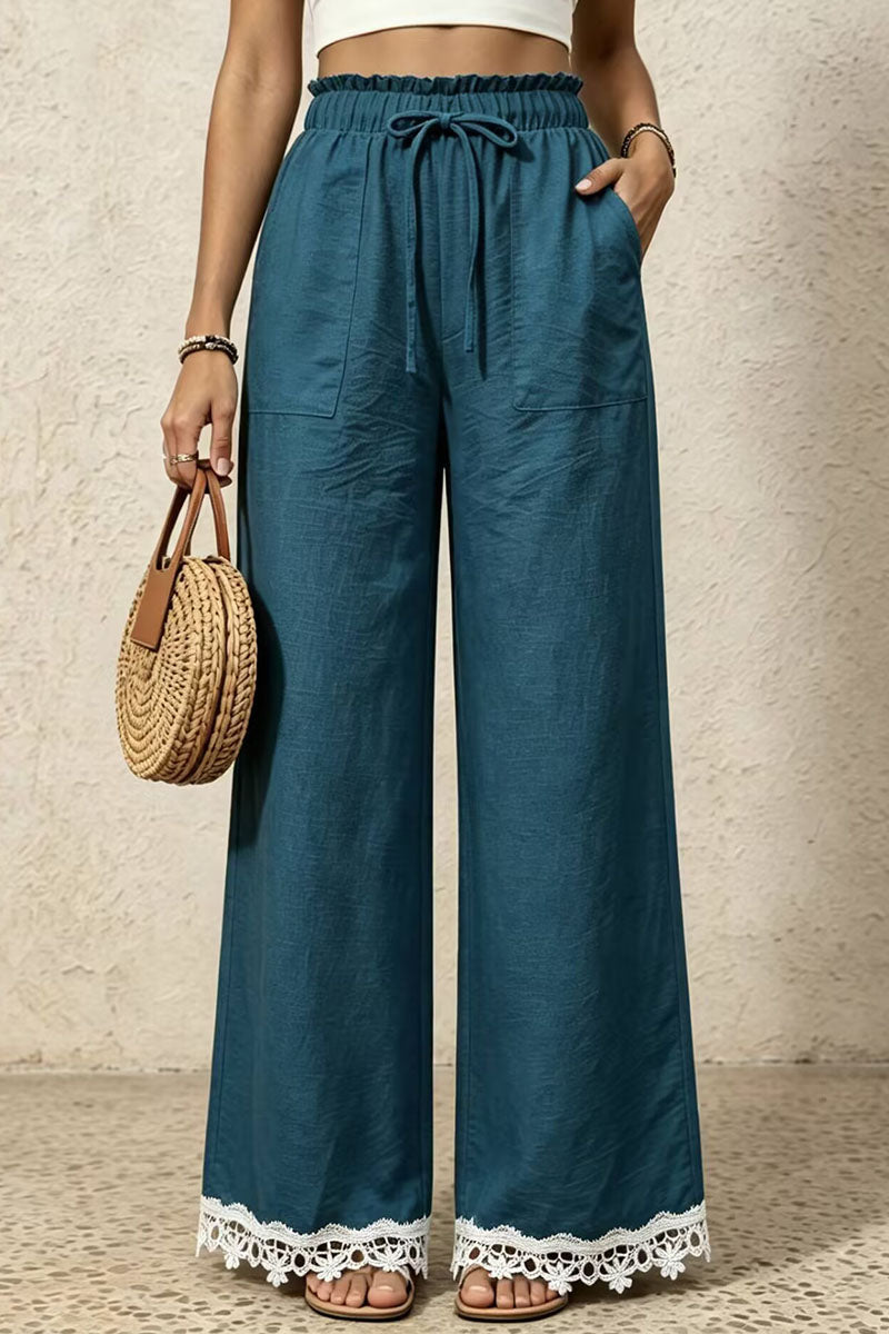 Ruffle Waist Lace-Trim Wide-Leg Pants